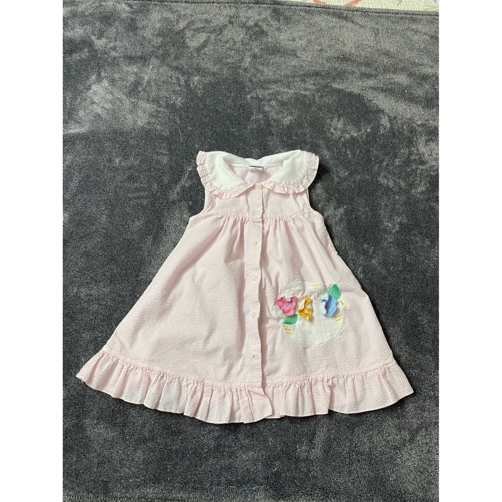 Vintage Samara Pink Seersucker Floral Applique Ruffle Dress Size 4 Kids